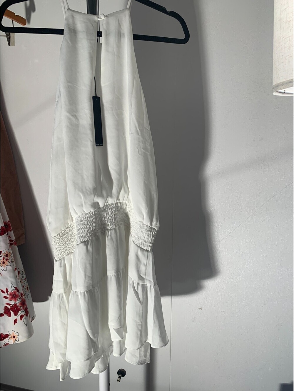 Krisa Beach Mini Dress Women L White  Waist Tiered Ruffle Halter Neck NWT